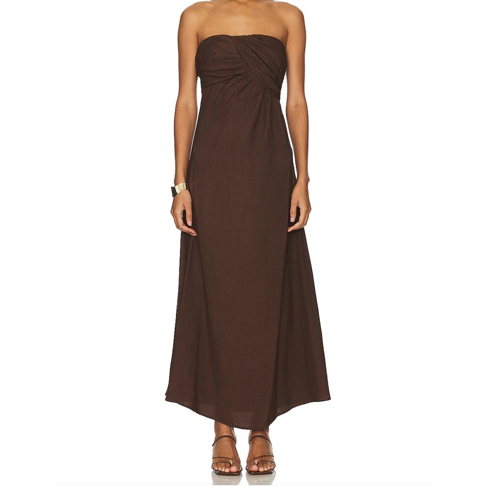 Sovere Seaira Maxi Dress Strapless Brown Maxi Dress Gathered Bodice Textured S‎
